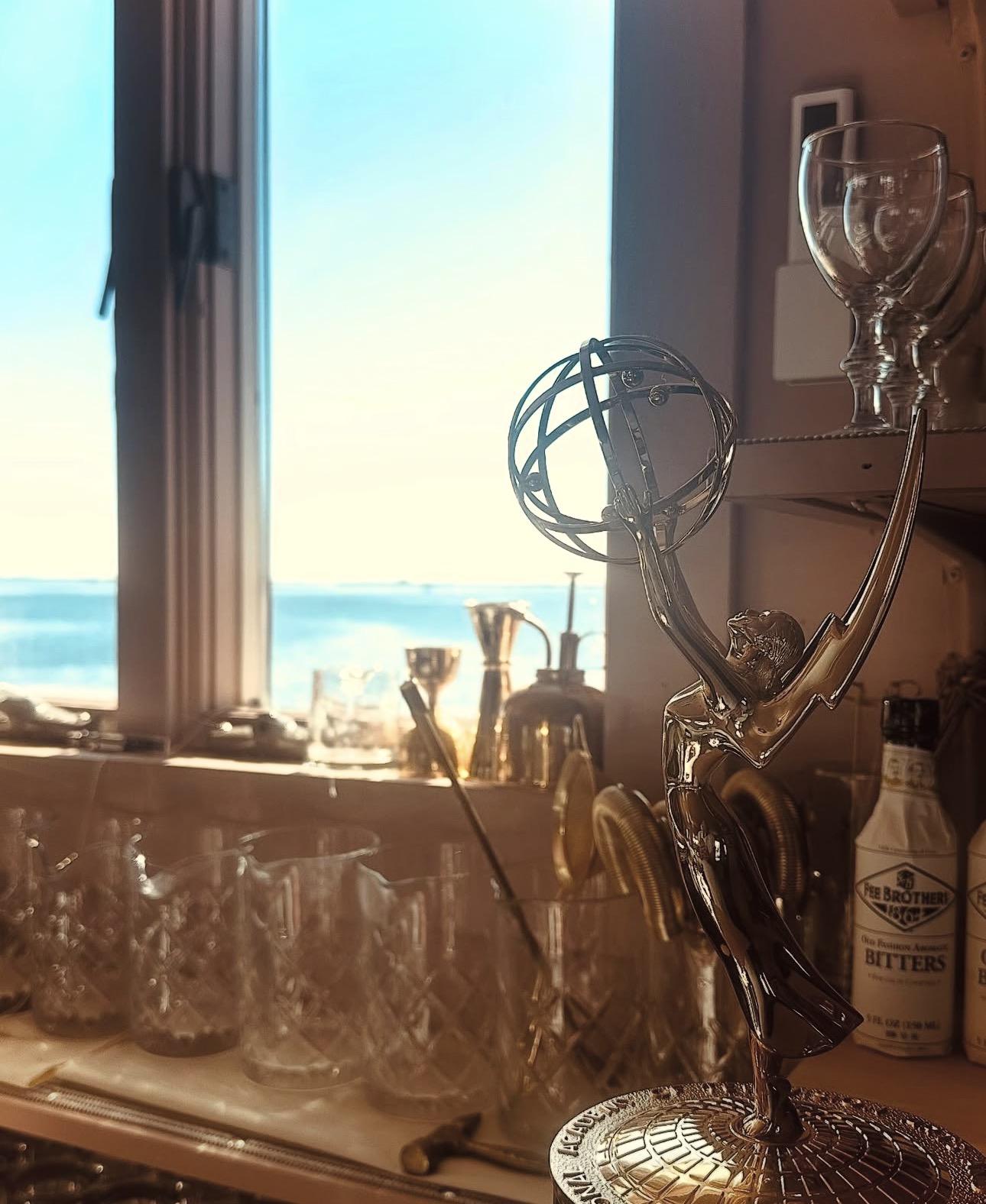 Emmy award displayed on the back bar at Ceraldi